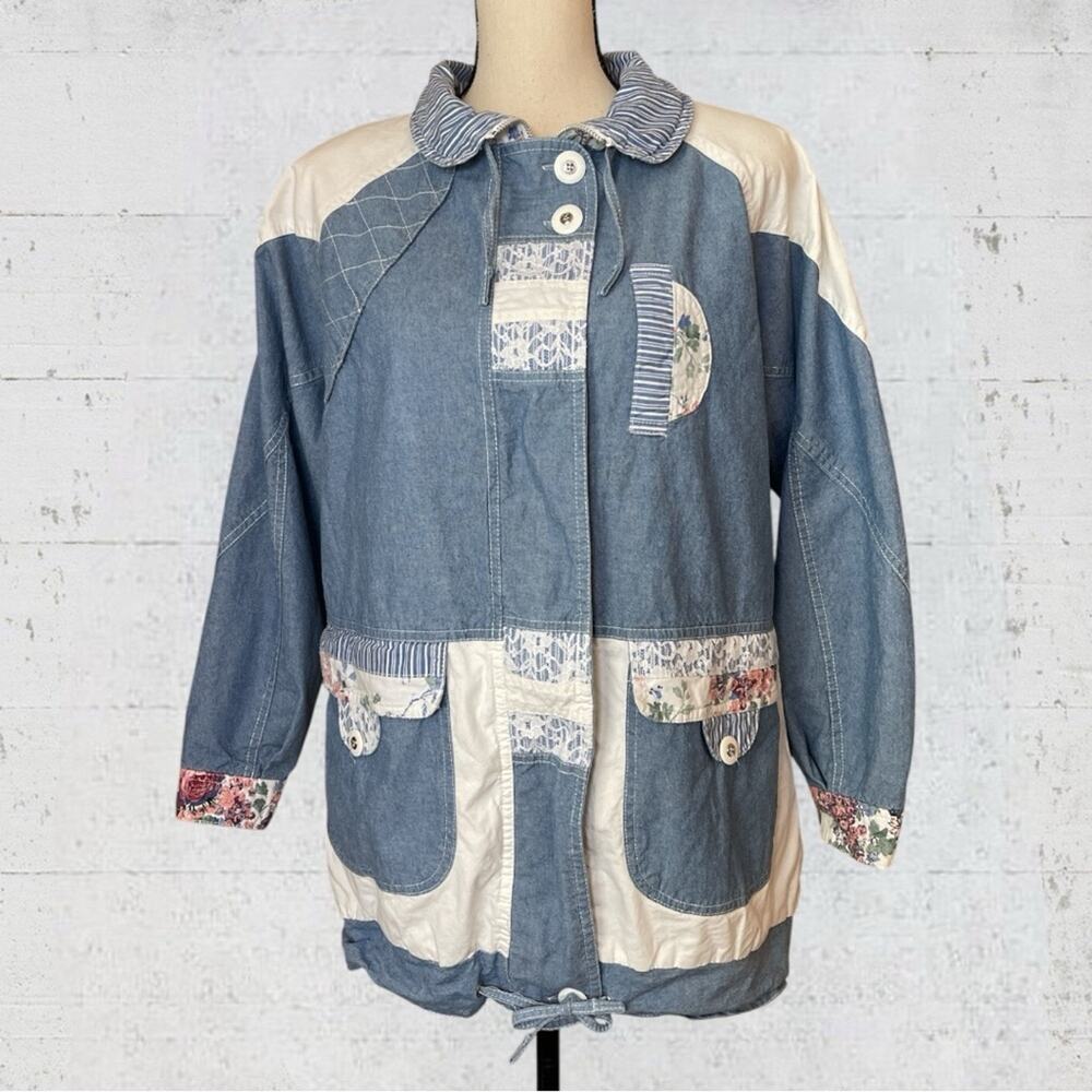 VTG Pao Originals Floral Chambray Patchwork Zip Jacket Size M Cottagecore - Picture 3 of 11
